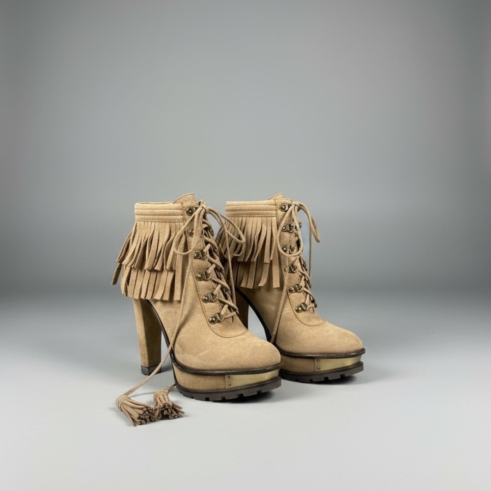 B Brian Atwood suede with fringe high heel ankle boots